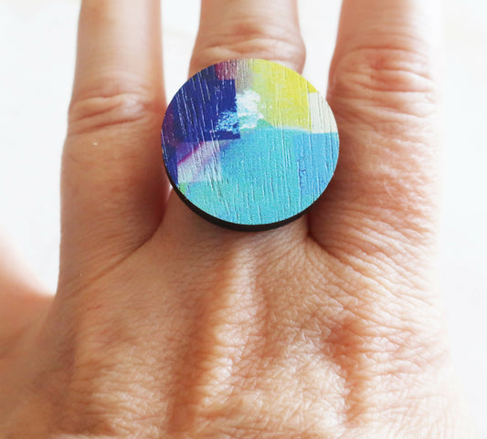 Blue abstract wooden ring, adjustable