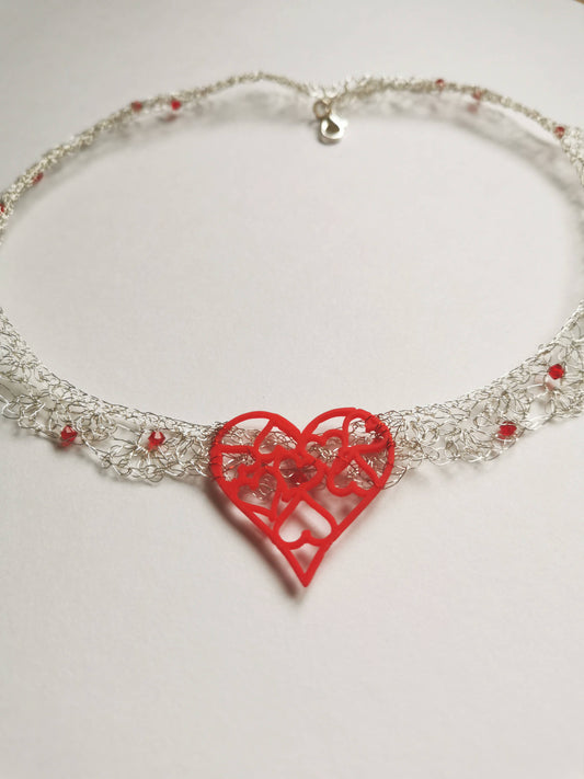 Silver plated copper wire choker with red Preciosa crystals and 3D printed heart