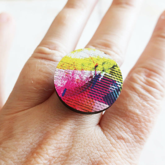 Pink and yellow modern wooden ring, adjustable