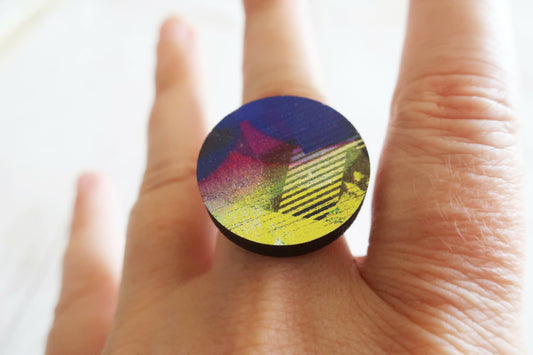 Purple and yellow abstract wooden ring, adjustable
