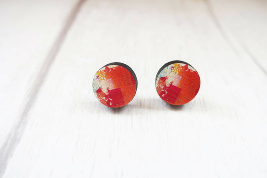Small orange wooden stud earrings, round orange earrings