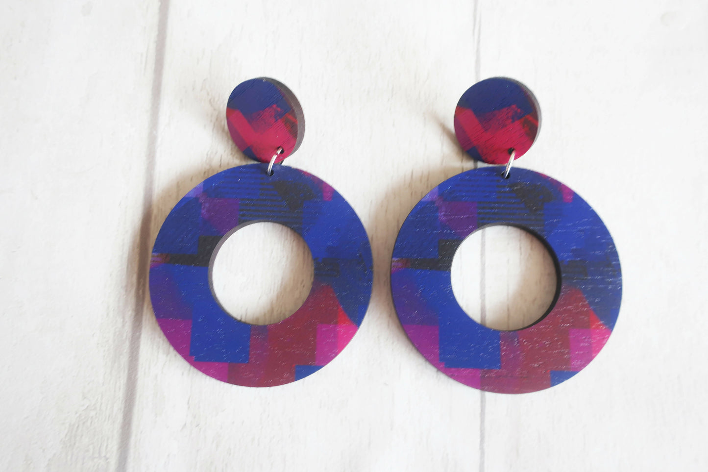 Purple abstract statement earrings, wooden hoop earrings