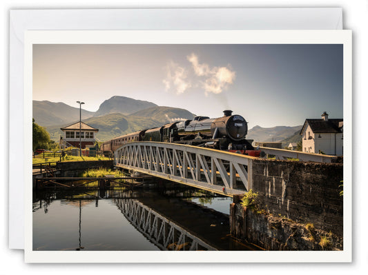 Ben Nevis and Jacobite steam train at Banavie - Scotland Greeting Card - Blank Inside