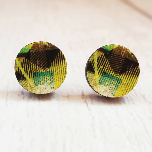 Abstract modern stud earrings, small round yellow stud earrings