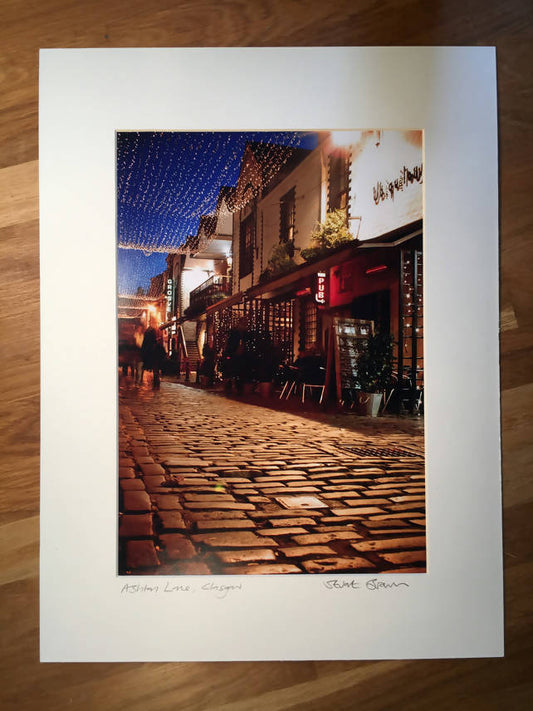 Ashton Lane, Glasgow, signed mounted print 30 x 40cm