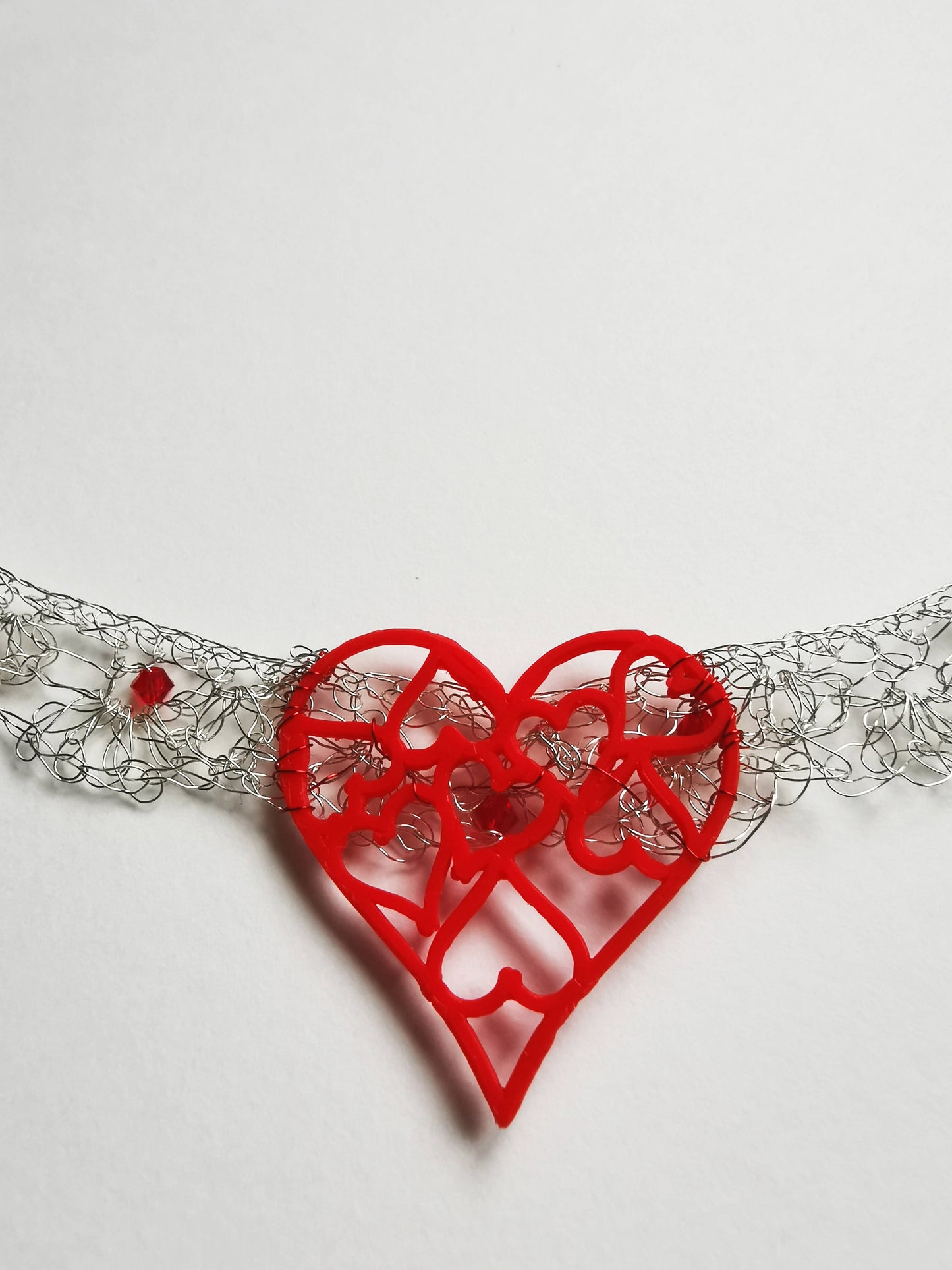 Silver plated copper wire choker with red Preciosa crystals and 3D printed heart