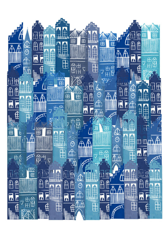 Edinburgh Cityscape Linocut Print (Blues)