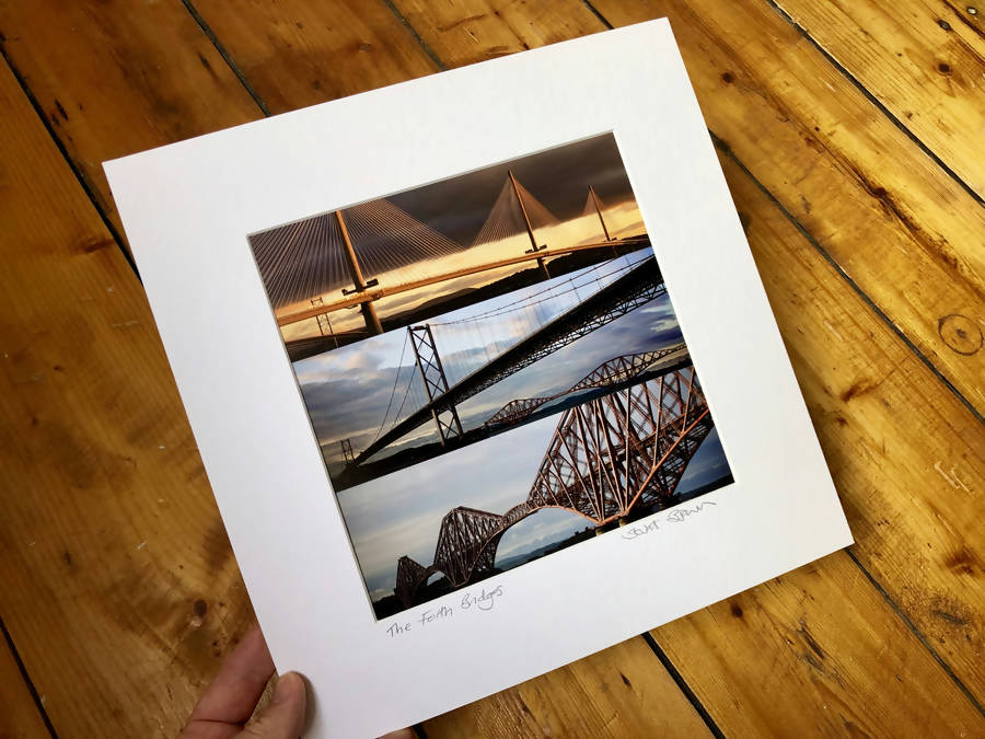 ‘The Forth Bridges’ Colour, Signed Mounted square Print 30 x 30cm