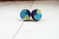 Tiny round blue abstract wooden earrings