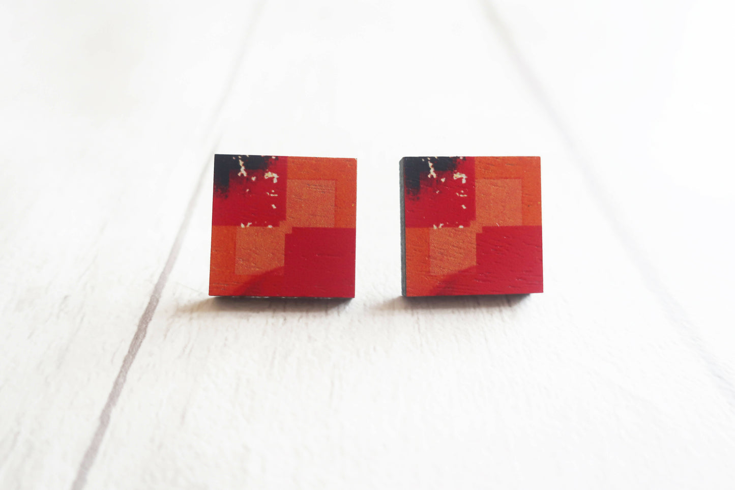 Statement orange abstract square wooden earrings