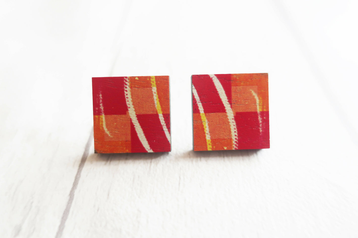 Statement orange abstract square wooden earrings