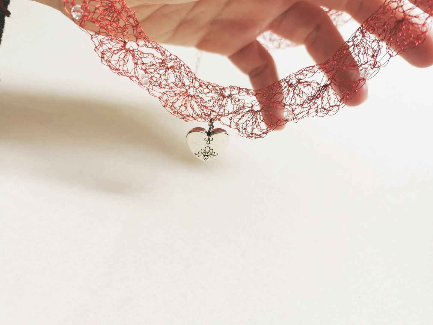 Bright red copper wire necklace with Preciosa crystals and a heart pendant
