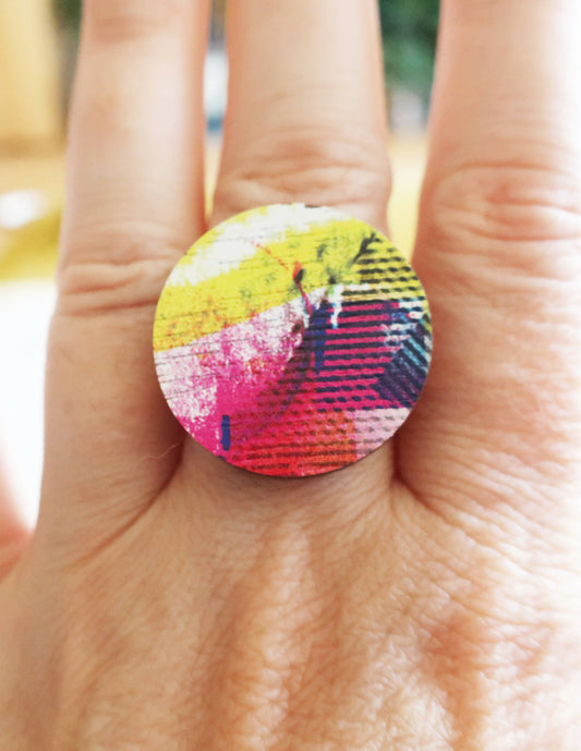 Pink and yellow modern wooden ring, adjustable