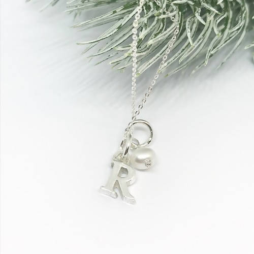 Silver Initial Necklace with Freshwater Pearl