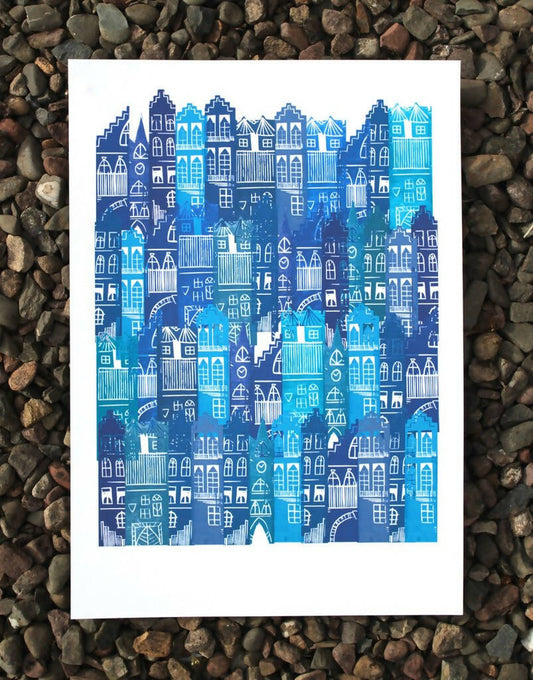 Edinburgh Cityscape Linocut Print (Blues)