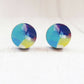 Tiny round blue abstract wooden earrings