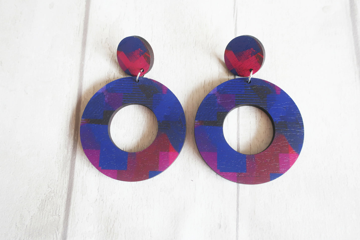 Purple abstract statement earrings, wooden hoop earrings