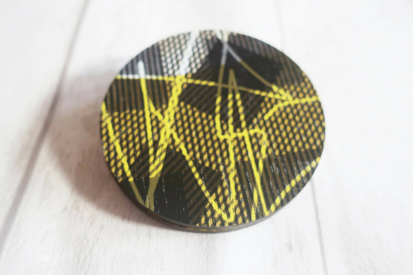 Large statement graphic brooch, yellow and black printed pin