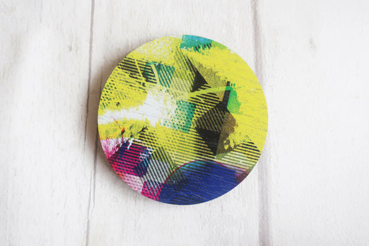 Large statement yellow brooch, round graphic pin brooch