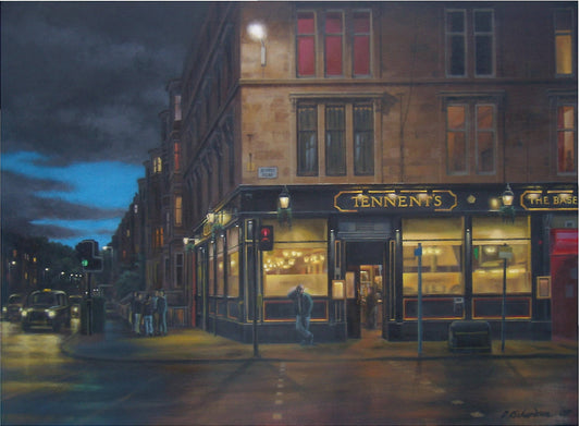 Tennents Bar at night, Glasgow. Art Print.