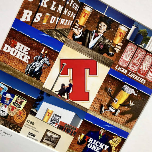 ‘Tennent’s’ Glasgow, signed square mounted collage print 30 x 30cm