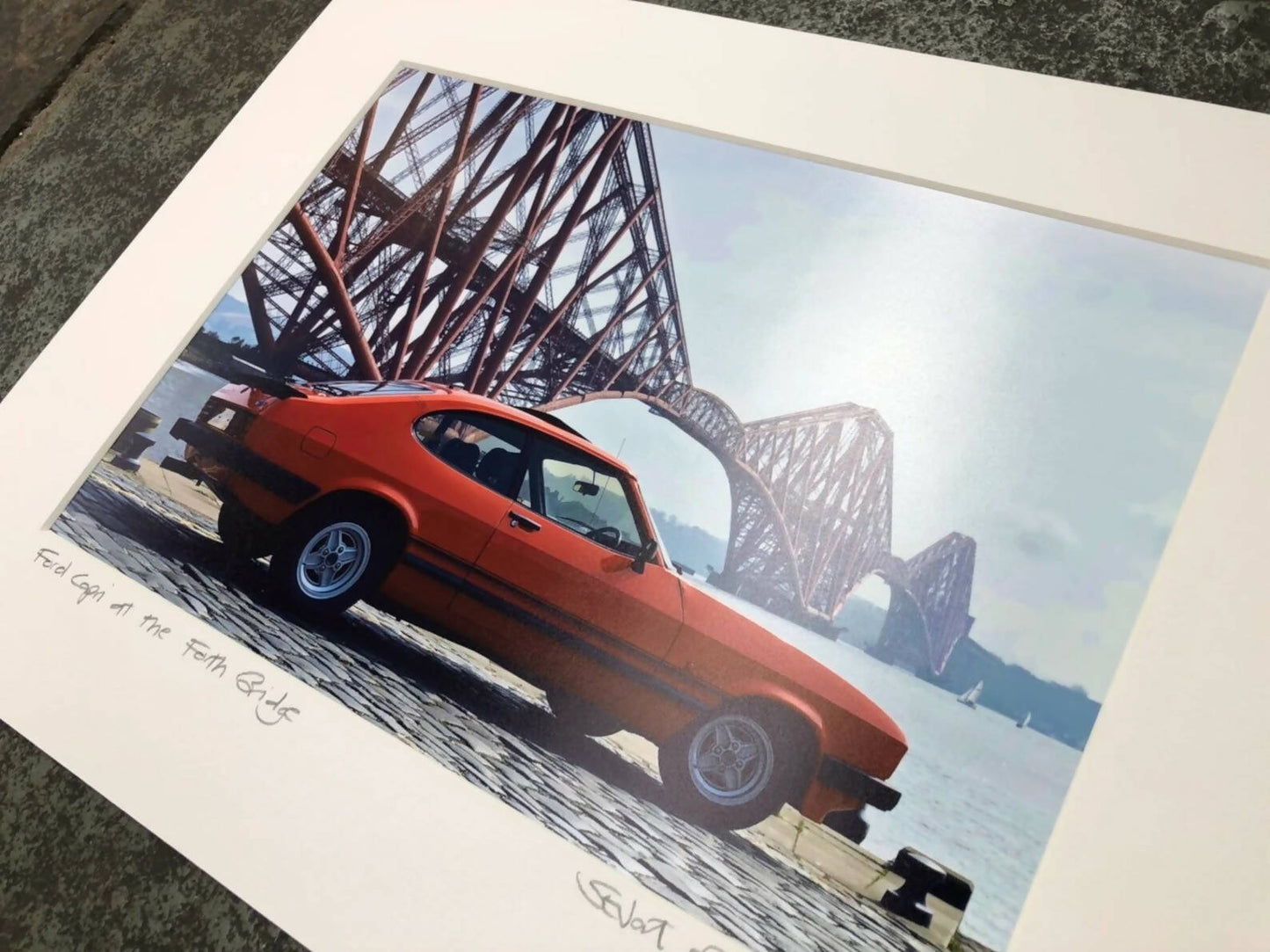 Ford Capri at the Forth Bridge print - signed mounted print 30 x 40