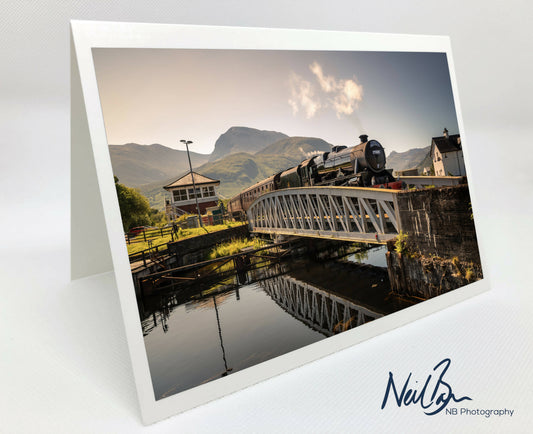 Ben Nevis and Jacobite steam train at Banavie - Scotland Greeting Card - Blank Inside
