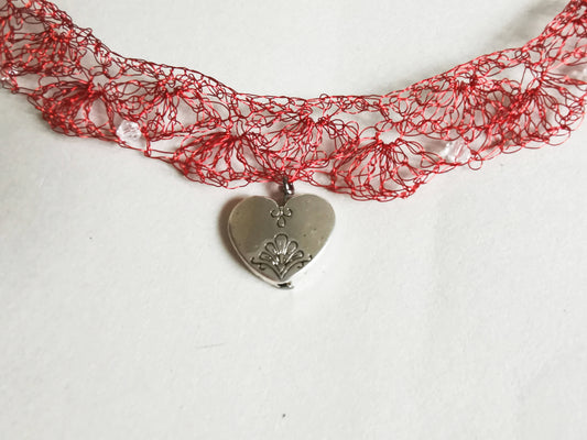 Bright red copper wire necklace with Preciosa crystals and a heart pendant