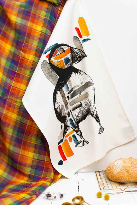 Puffin Watercolour Tea Towel