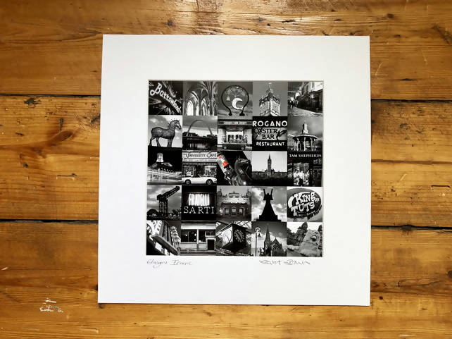 Glasgow Iconic signed square mounted print 30 x 30cm (black and white version)
