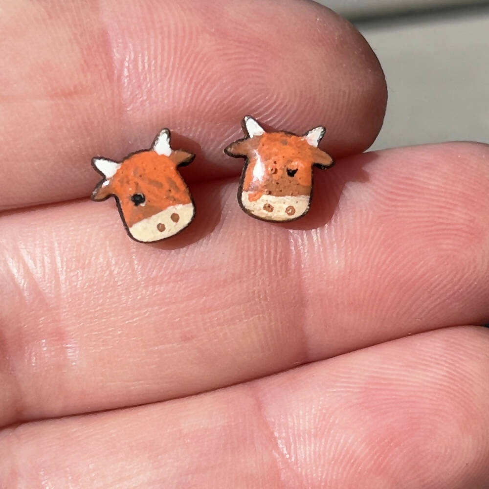 Hand Painted Wooden Highland Cow Earrings
