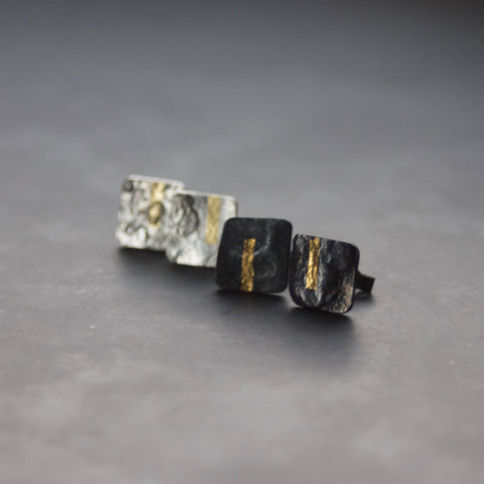 LINEAR Oxidised Silver & Gold Keum Boo Square Stud Earrings