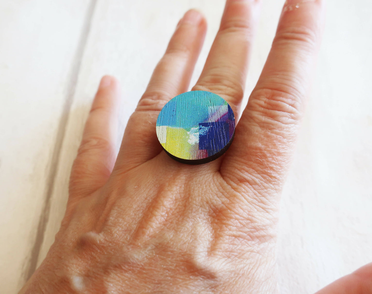 Blue abstract wooden ring, adjustable