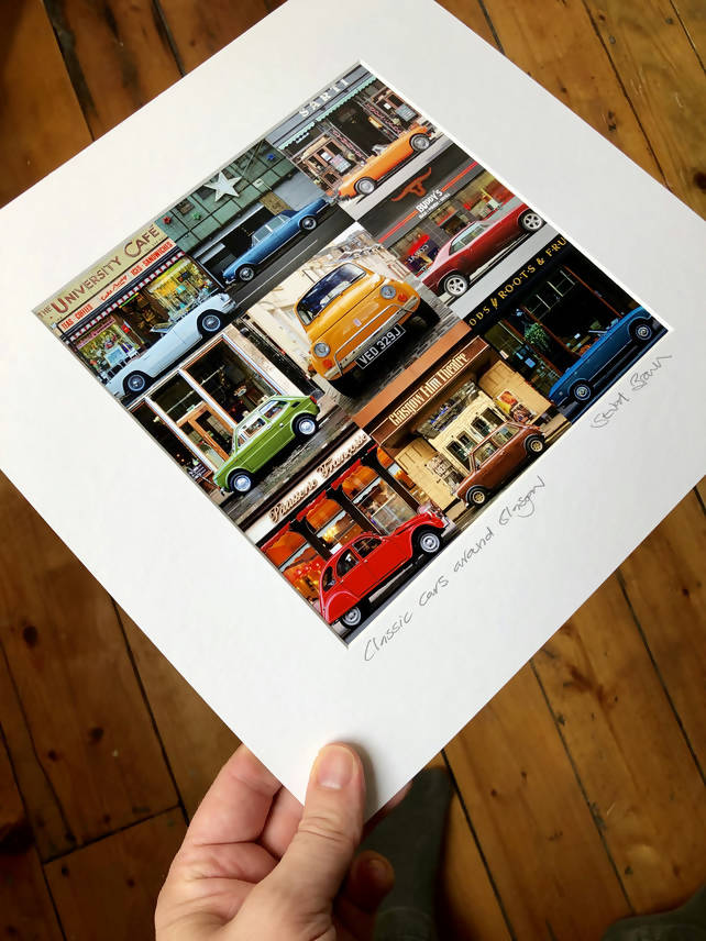 ‘Classic Cars around Glasgow’ signed square mounted print 30 x 30cm
