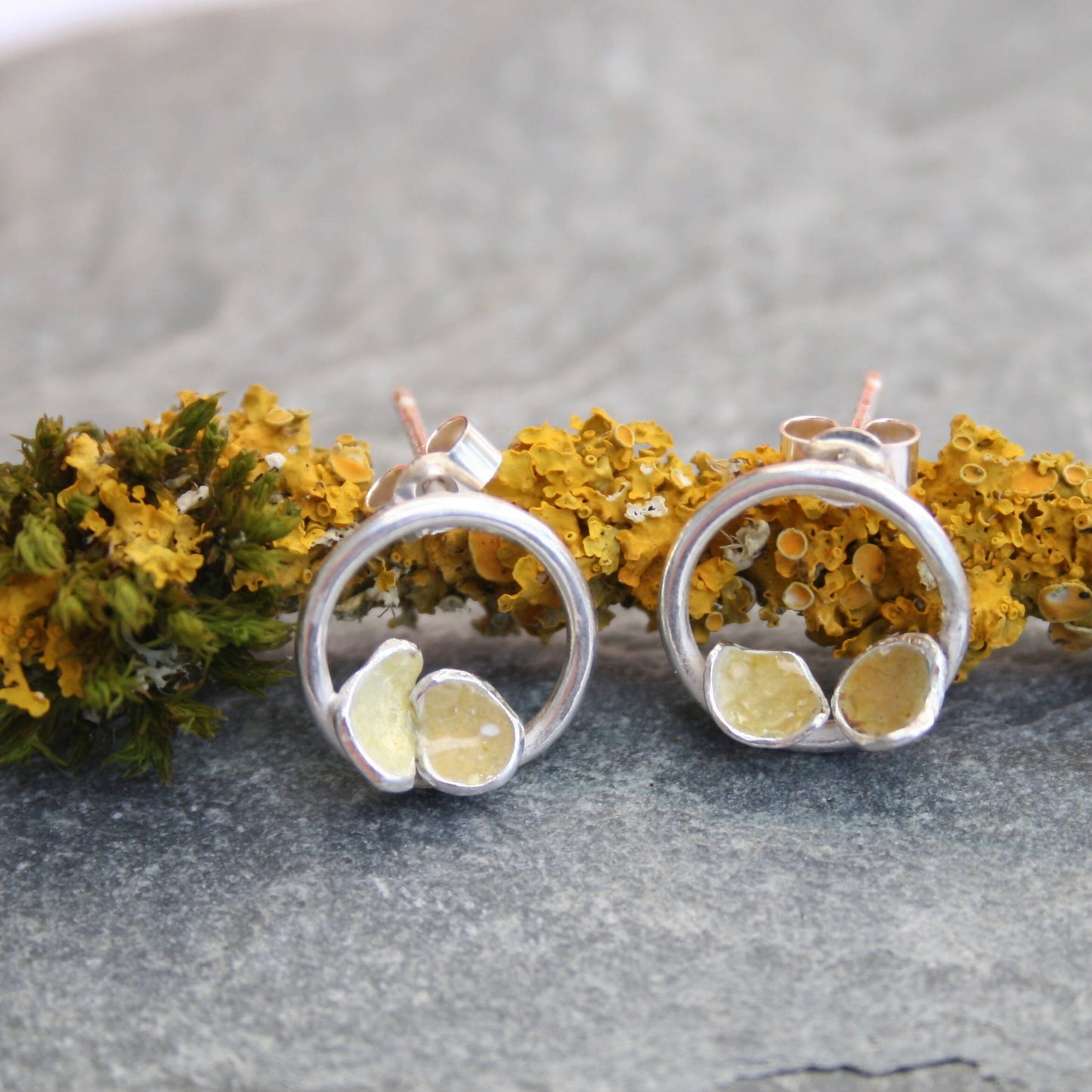 Silver stud earrings inspired by lichen